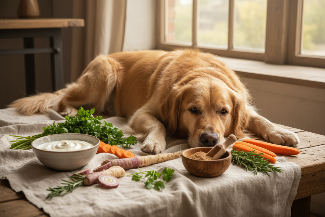 Hund liegt auf Decke, Magenfreundliche Ernährung