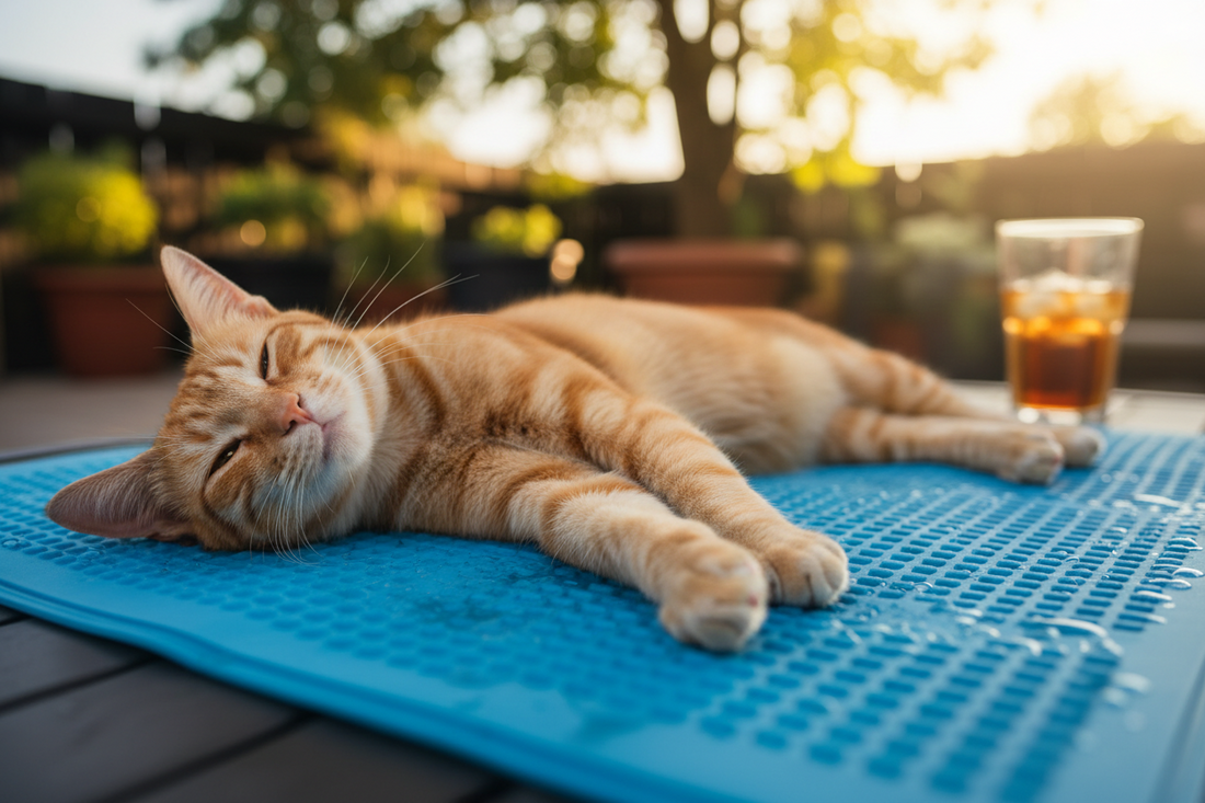 Katze liegt auf Kühlmatte im Sommer – Hitzeschutz für Katzen
