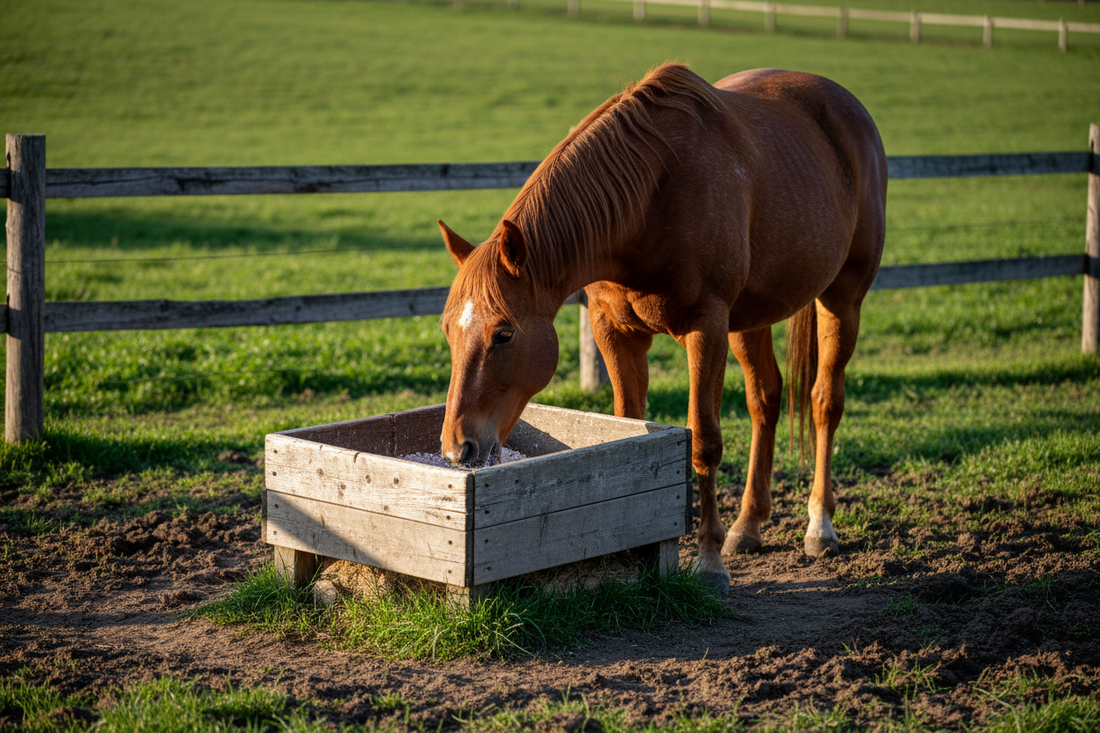 Pferd frisst Mineralfutter aus Futterbehälter auf der Koppel