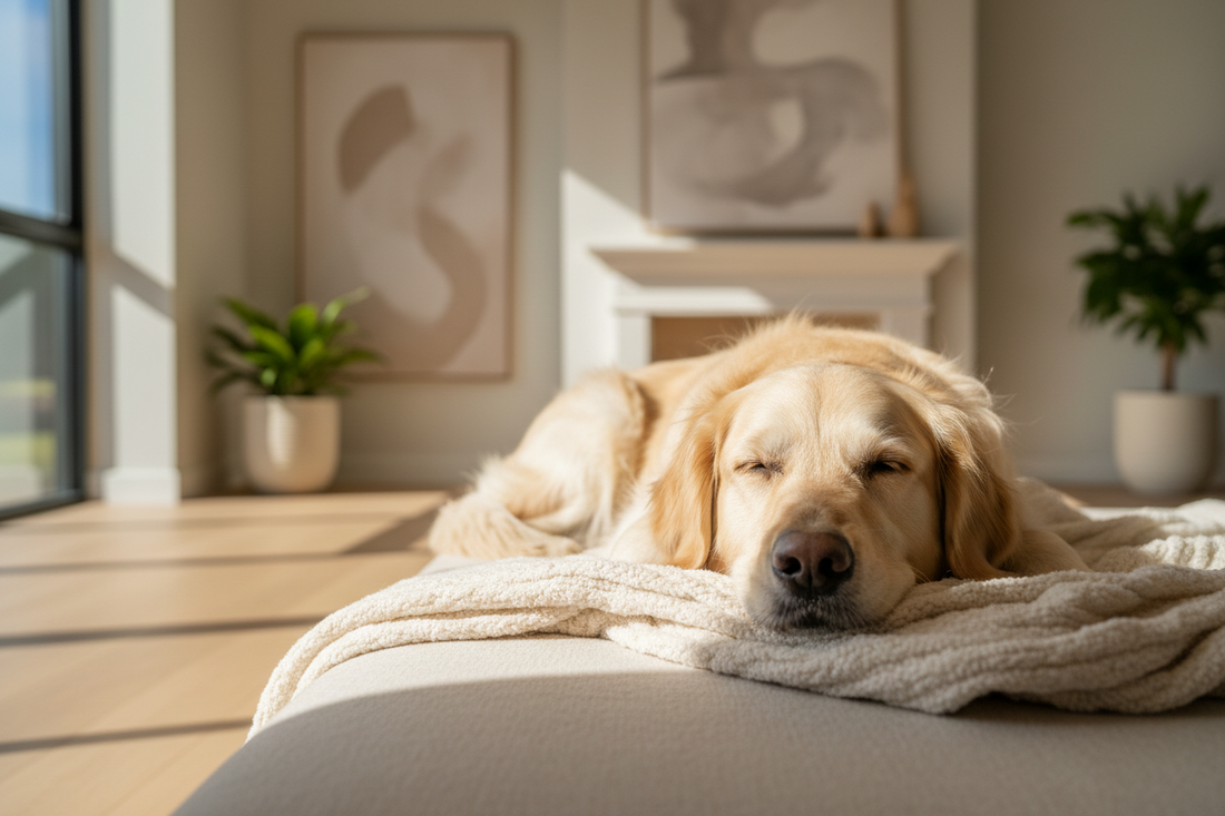 Hund liegt entspannt auf einer Decke – Tierpflege und Pflegeprodukte für beanspruchte Hundehaut