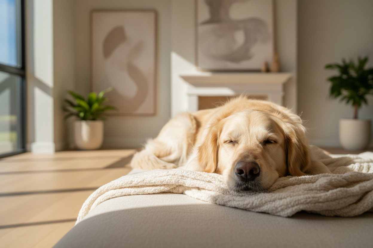 Hund liegt entspannt auf einer Decke – Tierpflege und Pflegeprodukte für beanspruchte Hundehaut