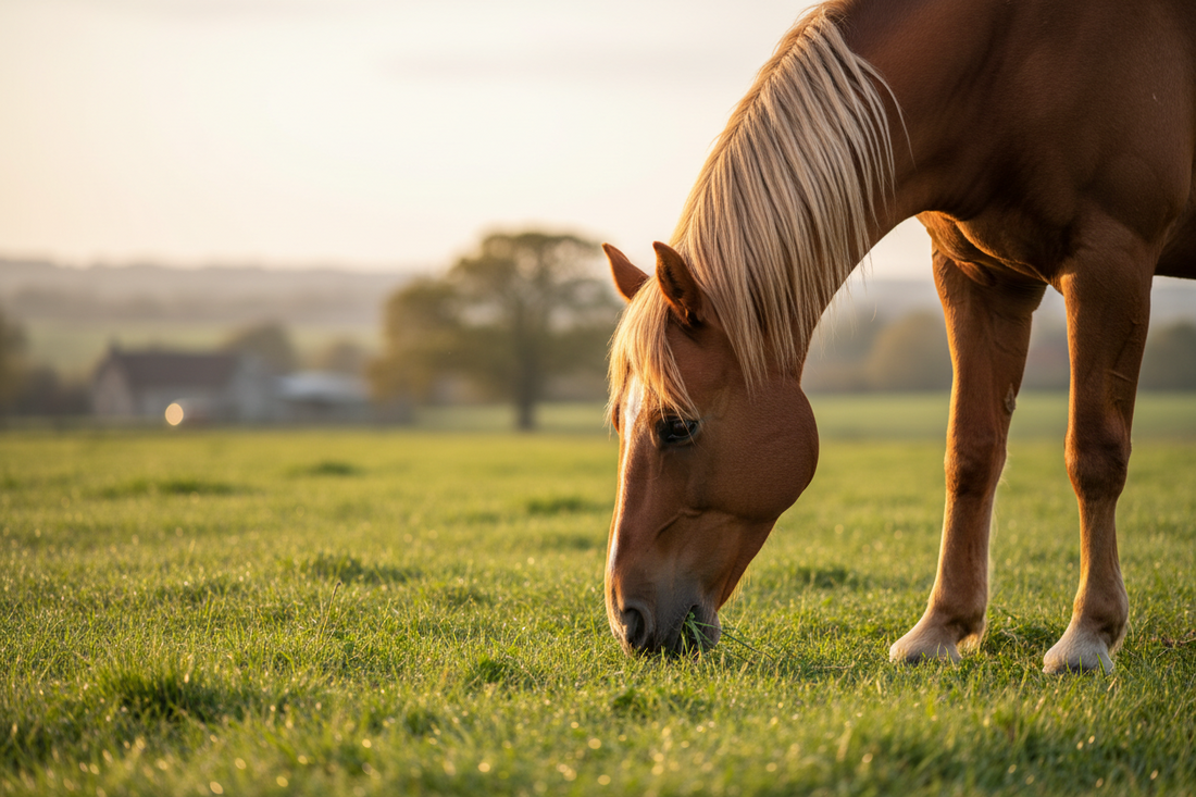 Pferd grast auf sommerlicher Wiese – natürliche Grundlage der Pferdefütterung