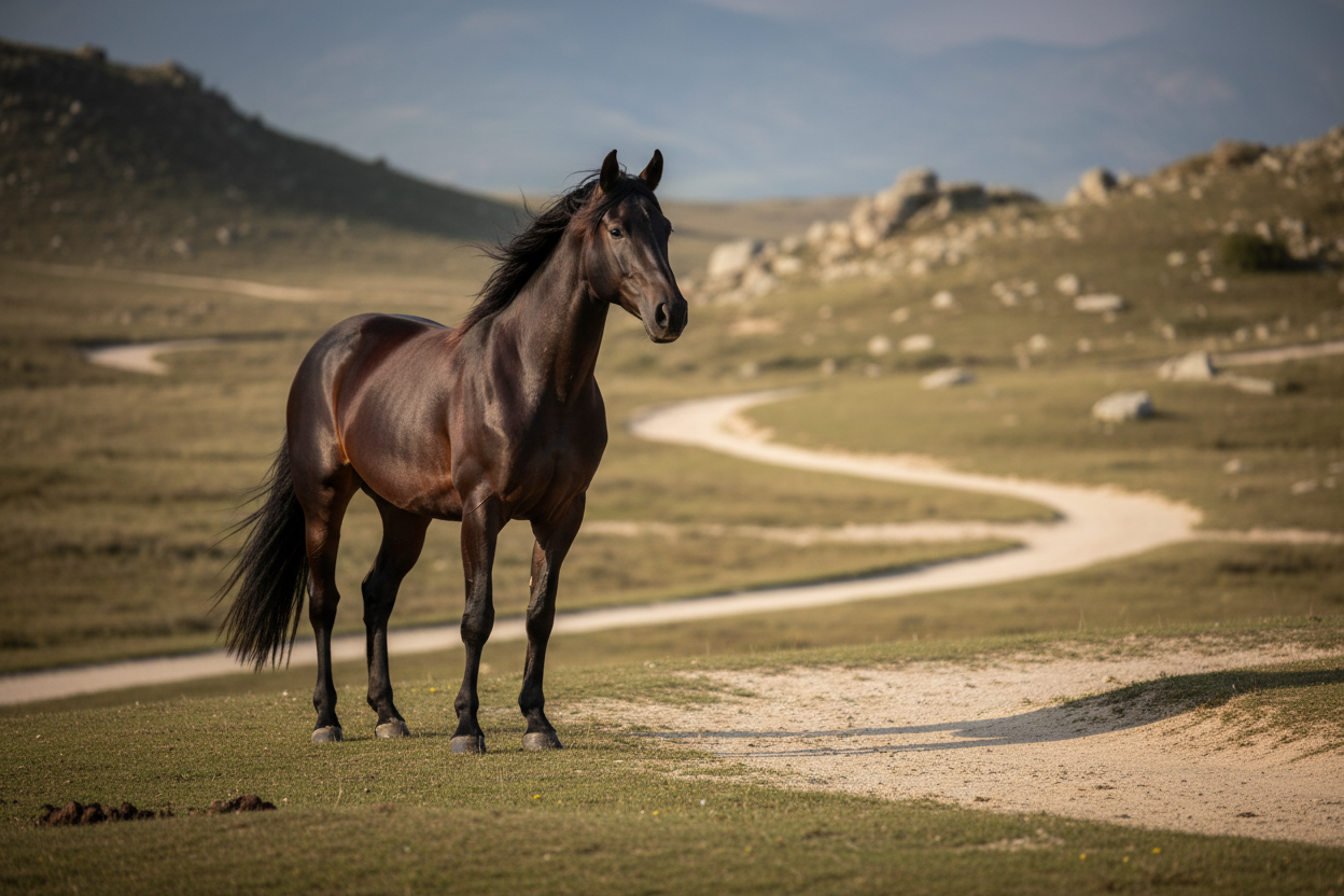 Pferd in entspannter Outdoor-Szene – Pferdezubehör und Tiergesundheit bei Tiervita.