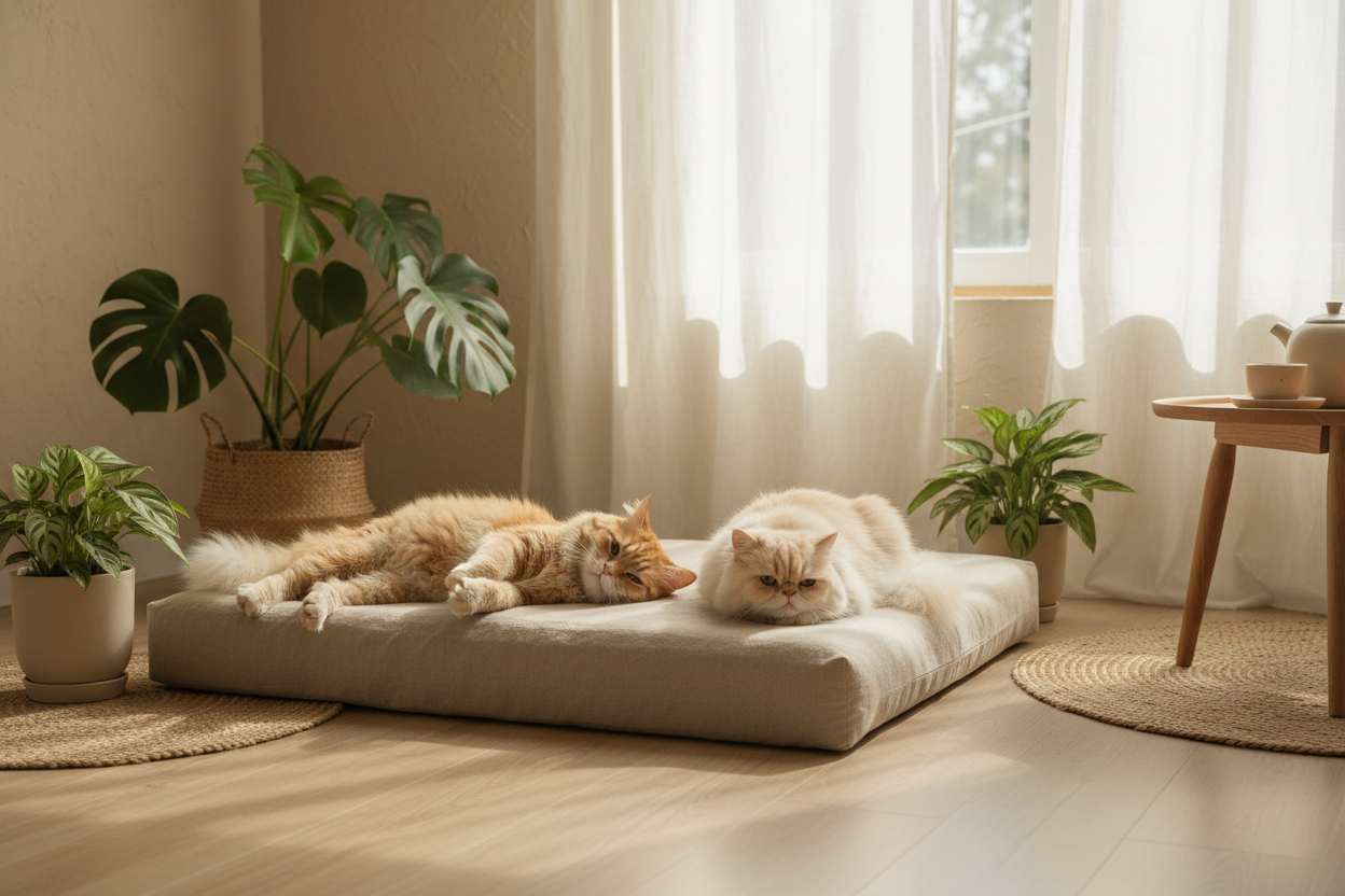 Katze in sanfter beige-grüner Umgebung – natürliche Ruhe für Tiervita Katzenbedarf.