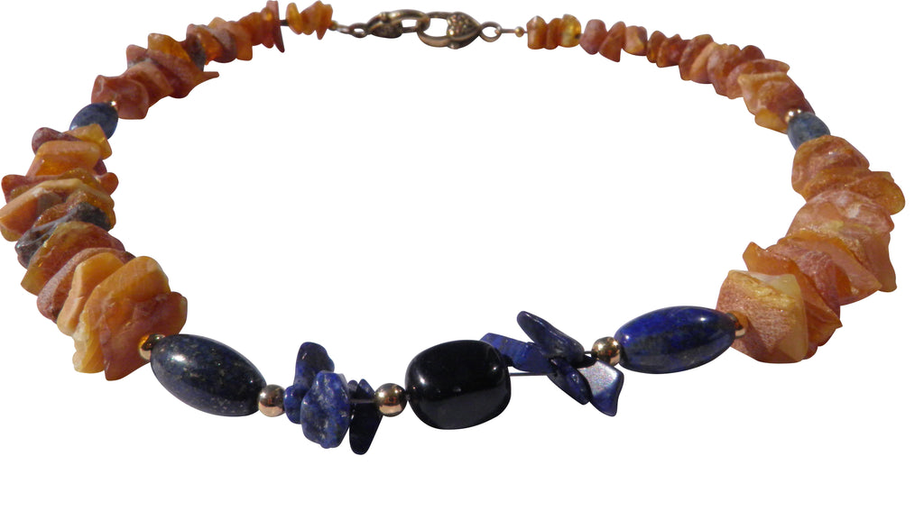 Bernsteinkette Hund mit Onyx und Lapislazuli Länge 49 cm - TierVita