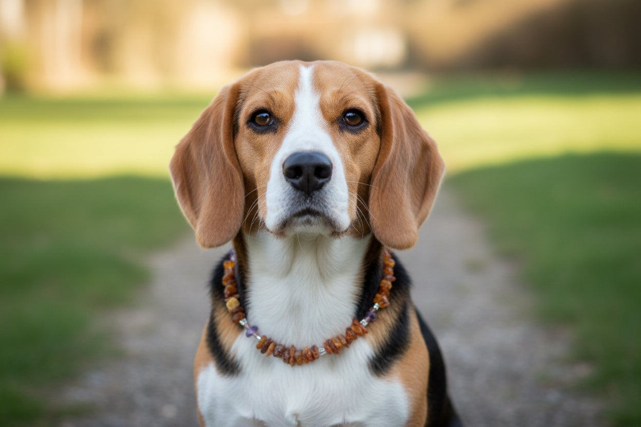 Amberdog® Bernsteinkette mit Sugilith & Rosenquarz – Handgefertigtes Einzelstück für Hunde (29 cm)