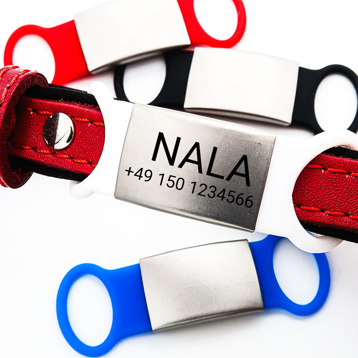 Klapperfreie Hundemarke Silikonslider mit Edelstahl-Schild für Halsbänder inkl. GRATIS Gravur