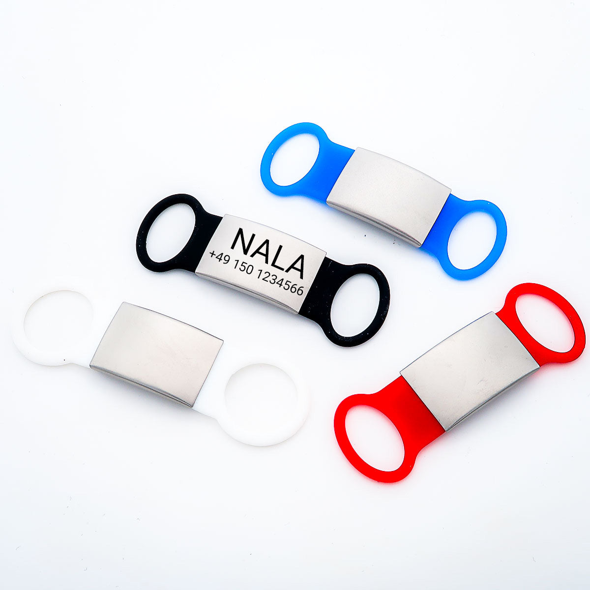 Klapperfreie Hundemarke Silikonslider mit Edelstahl-Schild für Halsbänder inkl. GRATIS Gravur