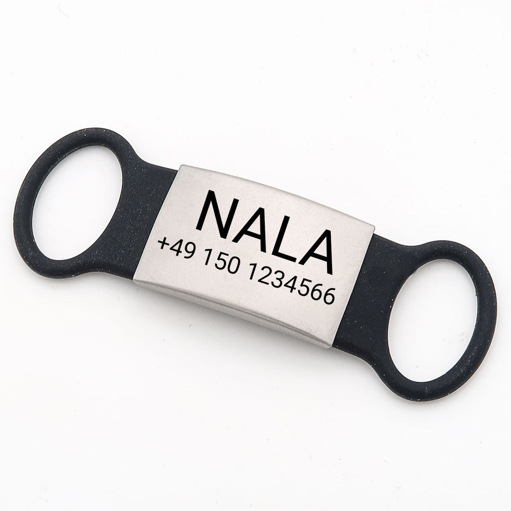 Klapperfreie Hundemarke Silikonslider mit Edelstahl-Schild für Halsbänder inkl. GRATIS Gravur