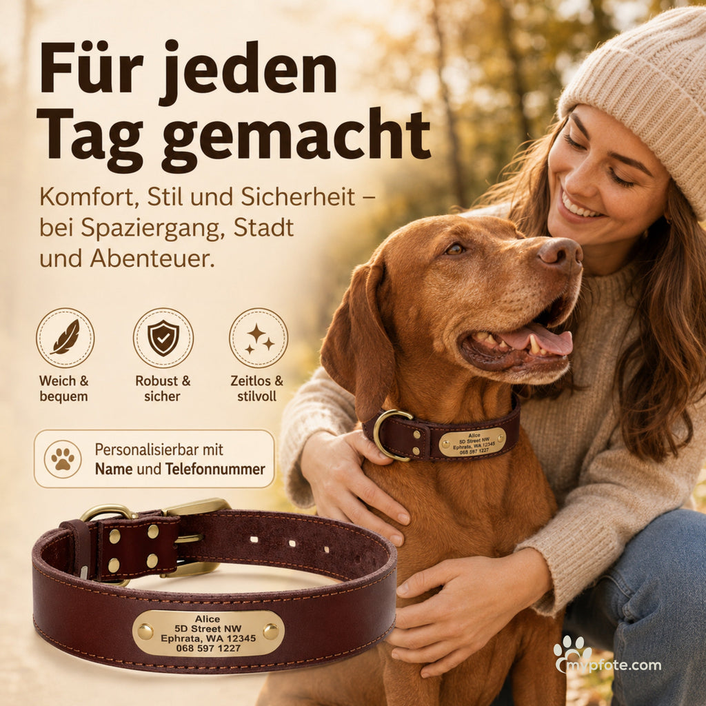 Edles Hundehalsband aus Rindsleder mit Gravur Name und Telefon