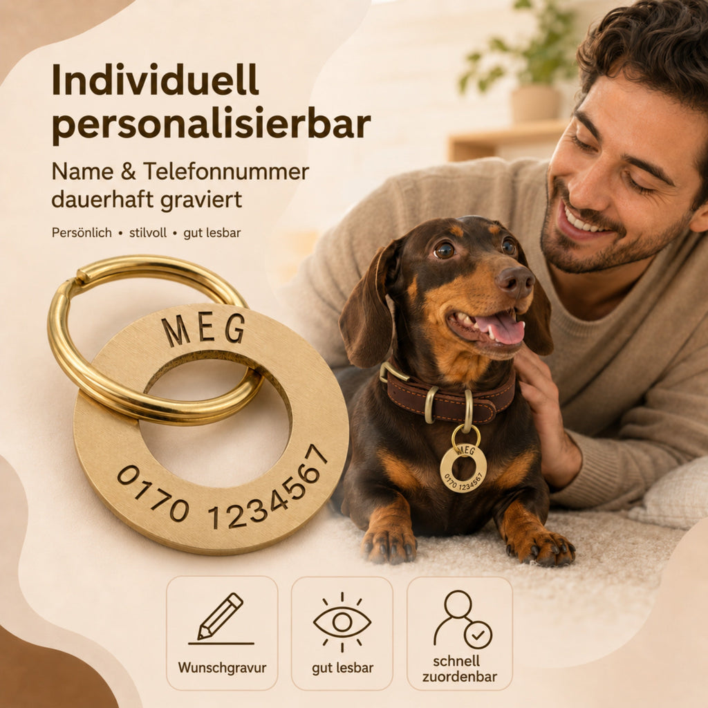 Ringförmige Hundemarke mit Gravur Messing gebürstet, 30mm