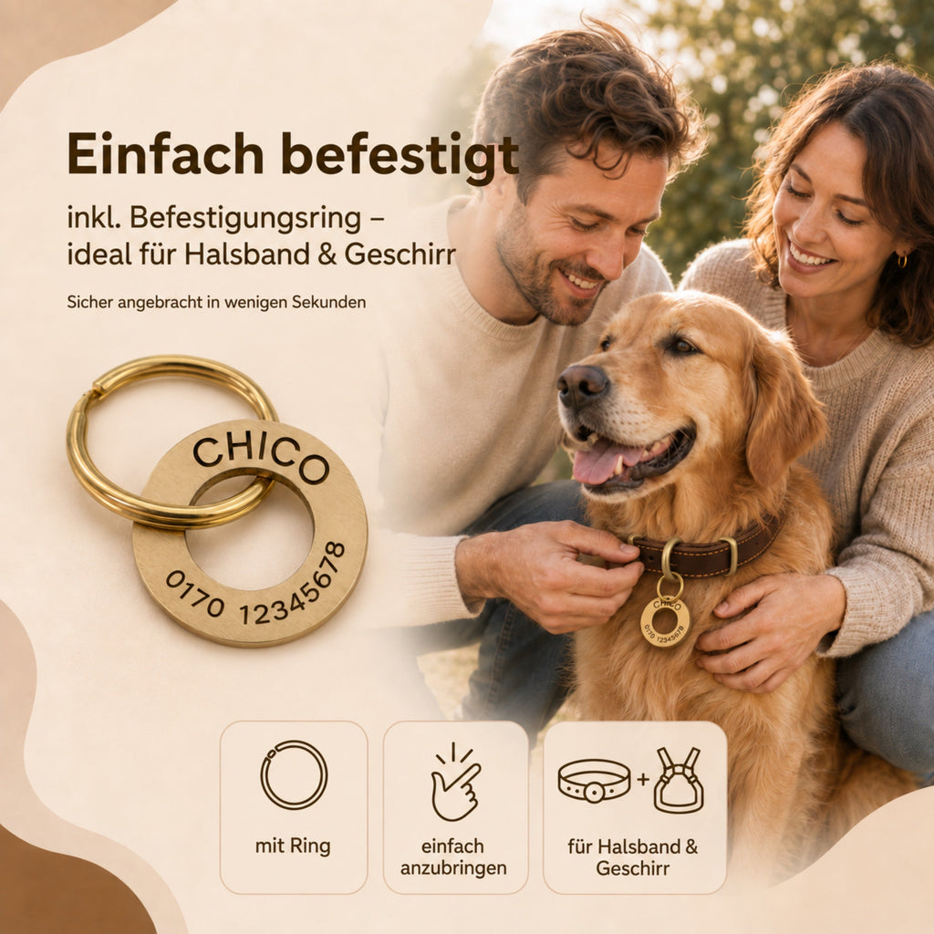 Ringförmige Hundemarke mit Gravur Messing gebürstet, 30mm