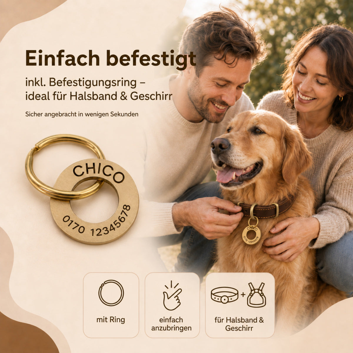 Ringförmige Hundemarke mit Gravur Messing gebürstet, 30mm