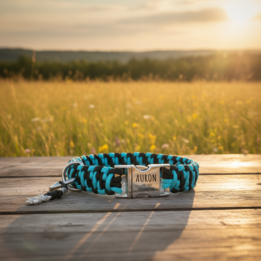 Paracord Hundhalsband "Auron" mit Gravur von Name und Telefon auf der Schnalle, drei verschiedene Größen