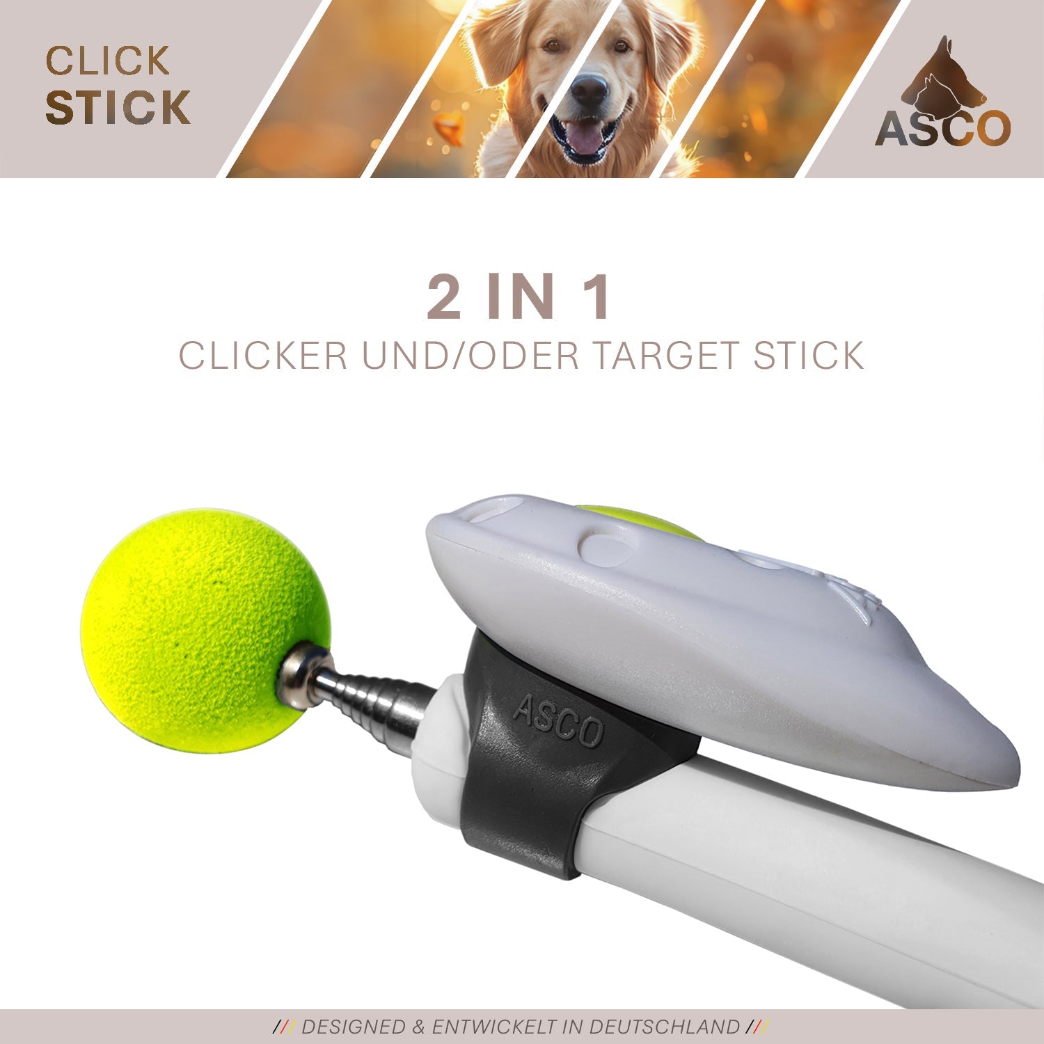 ASCO ClickStick - Target Stick mit abnehmbarem Premium Clicker - Target Stab für Hunde Katzen Clickertraining - Targetstick ausziehbar mit extra Klicker - Targetstab für Target-Training - TierVita