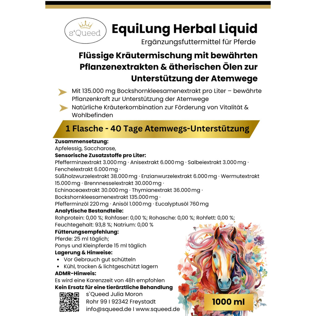 EquiLung Herbal Liquid 1000ml – flüssiges Ergänzungsfuttermittel zur Unterstützung der Atemwege bei Pferden - TierVita
