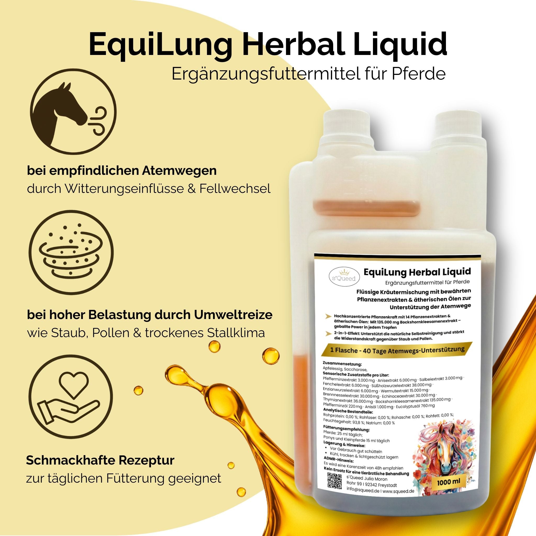 EquiLung Herbal Liquid 1000ml – flüssiges Ergänzungsfuttermittel zur Unterstützung der Atemwege bei Pferden