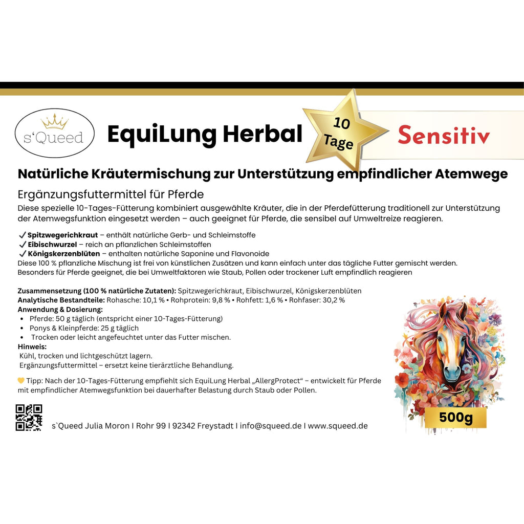 EquiLung Herbal Sensitiv – Hustenkräuter für Pferde zur Unterstützung empfindlicher Atemwege (10 Tage Fütterung) - TierVita