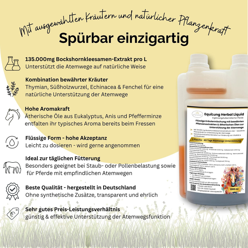 EquiLung Herbal Liquid 1000ml – flüssiges Ergänzungsfuttermittel zur Unterstützung der Atemwege bei Pferden - TierVita
