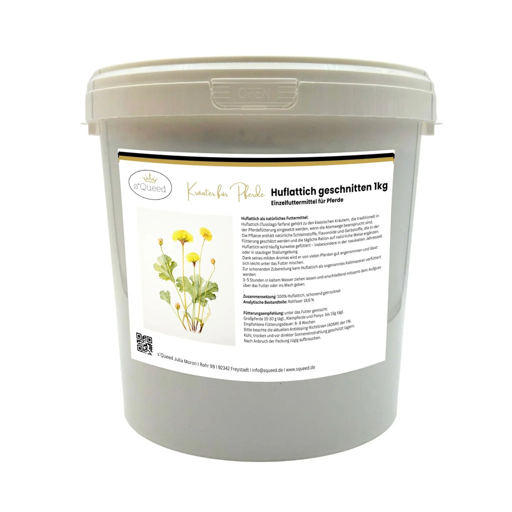 Eimer mit Huflattich geschnitten 1kg als Einzelfuttermittel für Pferde, Produktetikett sichtbar