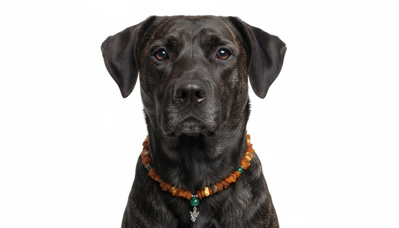 Hunde Bernsteinkette mit Malachit Engel Länge 47cm - TierVita