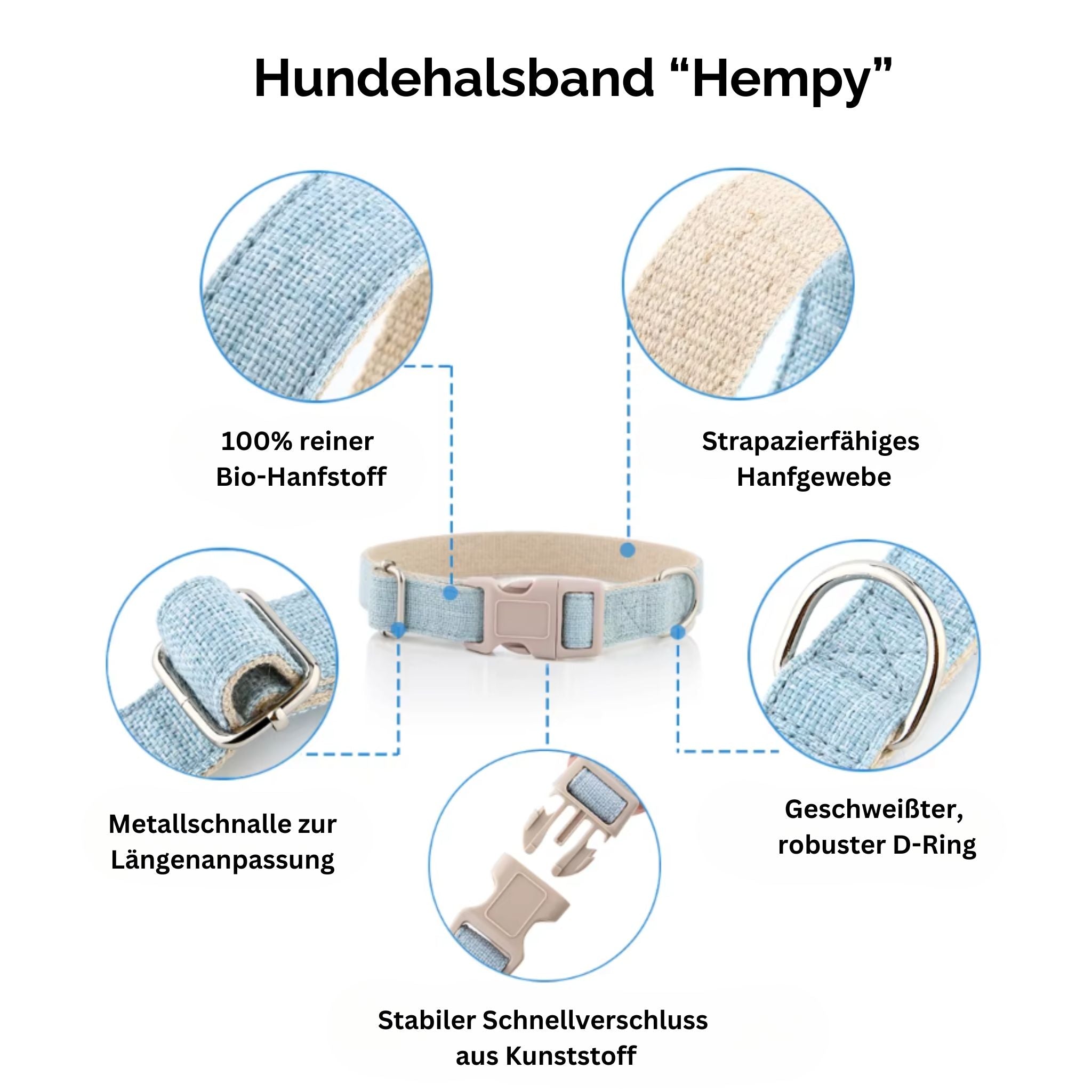 Hundehalsband-Set "Hempy" - Halsband + Leine + gravierte Hundemarke - TierVita