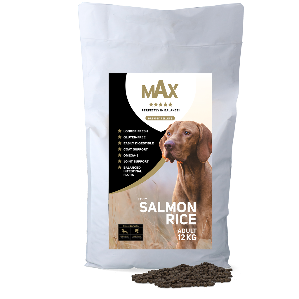 Max Adult Trockenfutter Lachs & Reis 12 kg – Gepresste Pellets für Hunde, glutenfrei
