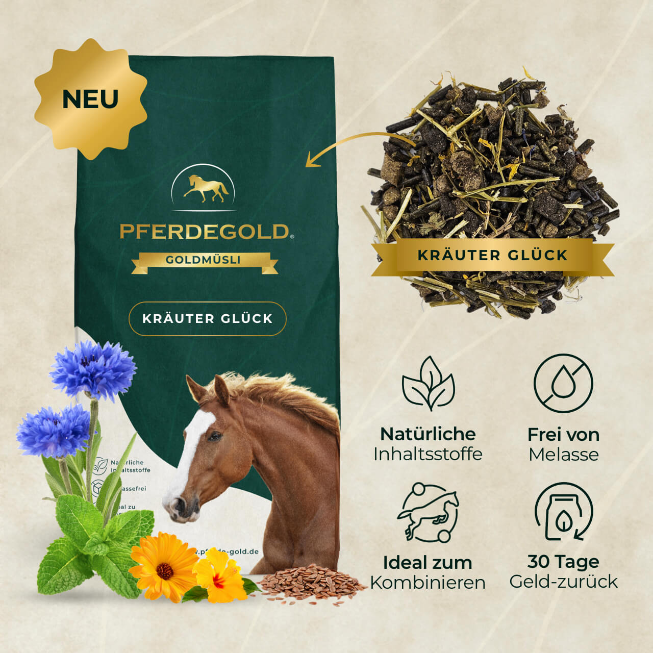 Pferdegold® Goldmüsli® Kräuter Glück – Kräutermüsli für Pferde