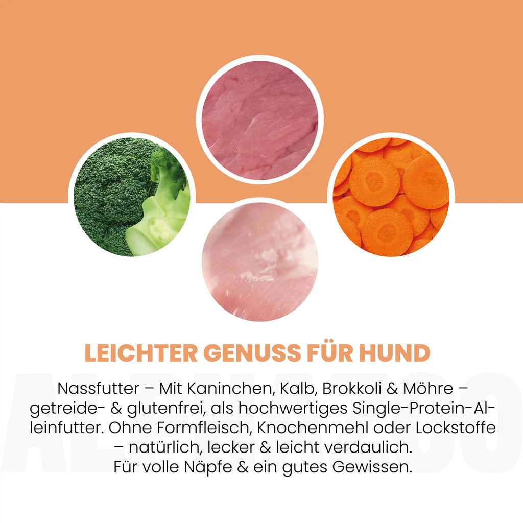 Kaninchen + Kalb Nassfutter für Senior Hunde – 50% Fleisch, leicht verdaulich, mit Hanföl