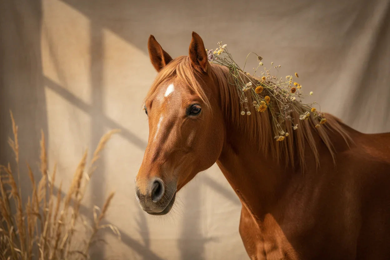 Braunes Pferd mit weißen Fleck, Trockenblumen in der Mähne, neutraler Hintergrund