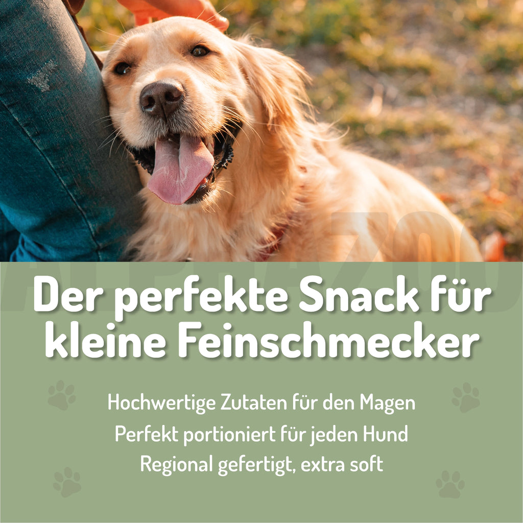 Fauchi Bauchi – Herzförmige Hundeleckerlis mit Präbiotikum, Erdnussbutter & Lachsöl