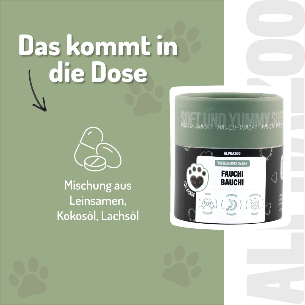 Fauchi Bauchi – Herzförmige Hundeleckerlis mit Präbiotikum, Erdnussbutter & Lachsöl