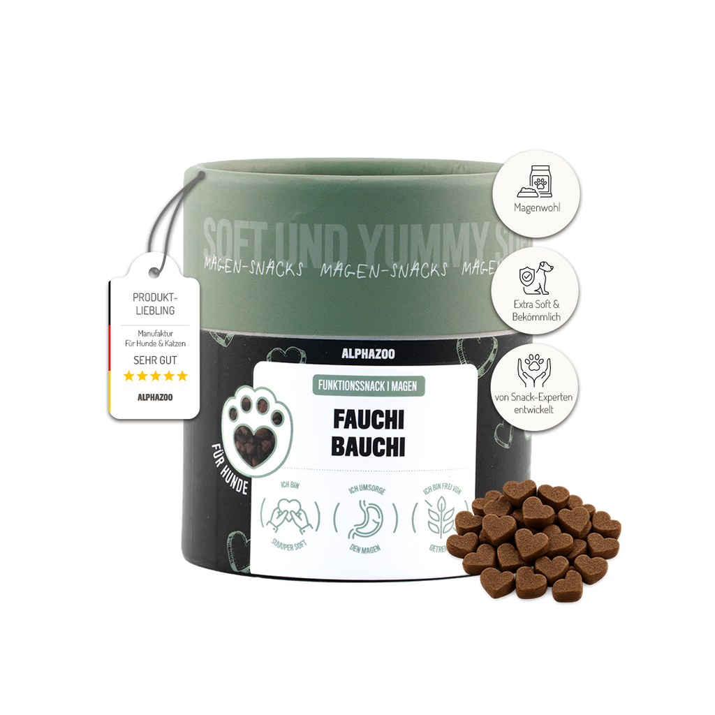 Fauchi Bauchi – Herzförmige Hundeleckerlis mit Präbiotikum, Erdnussbutter & Lachsöl
