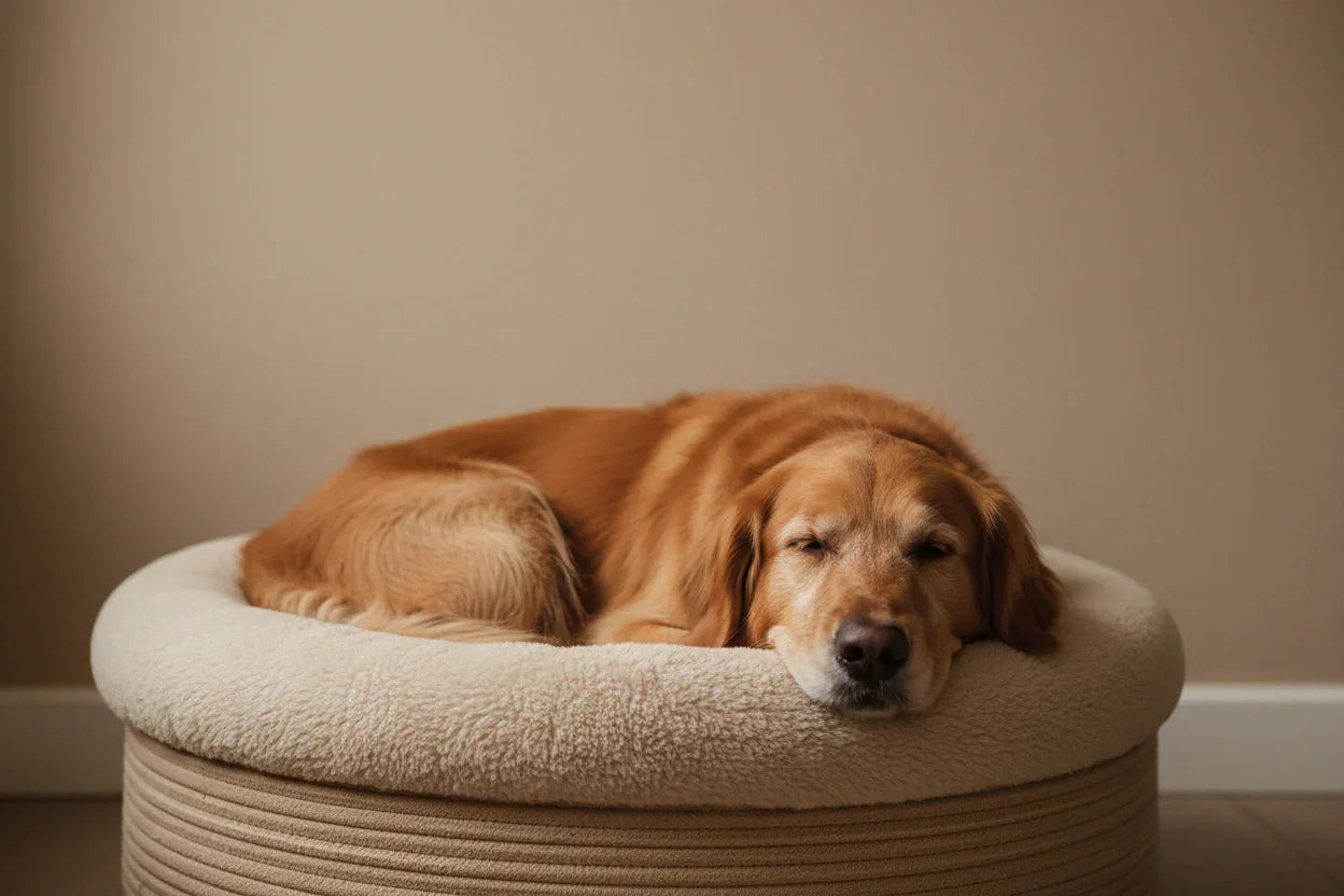Hund schläft entspannt in rundem Hundebett vor beigem Hintergrund, Tierbedarf