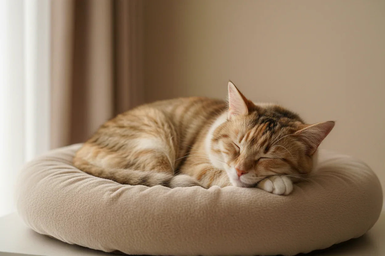 Schlafende Katze auf beigem Katzenkissen vor neutralem Hintergrund, fotorealistisch