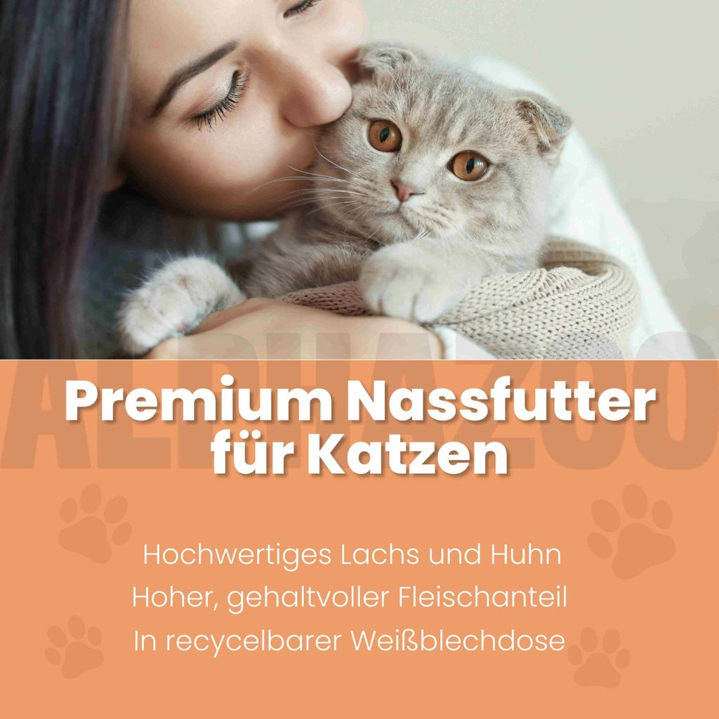 Lachs + Huhn Nassfutter für Katzen – 65% Fleisch, mit Lachsöl, Zucchini & Katzenminze