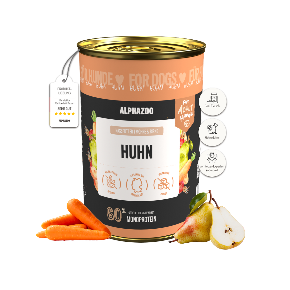 Monoprotein Huhn Nassfutter für Hunde – 60% Fleisch, mit Möhren, Birne, Hagebutte & Hanföl