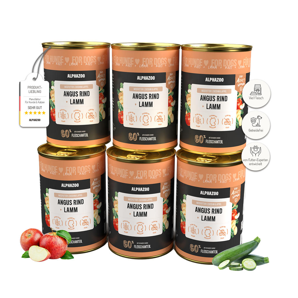 Angus Rind + Lamm Nassfutter für Hunde – 60% Fleisch, mit Leinöl, Apfel & Grünlippmuschel