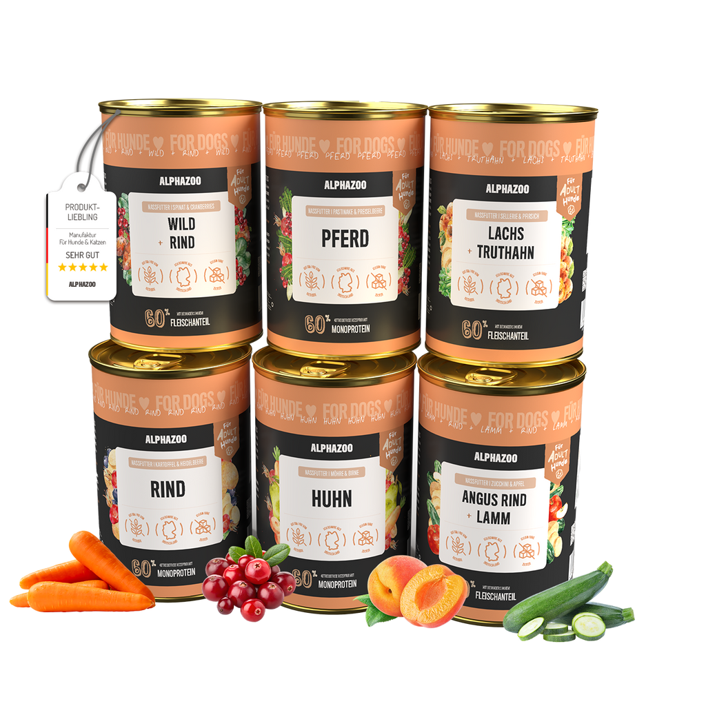 Probierschmaus Hund – 6 Sorten Nassfutter, Mono- & Duoprotein, getreidefrei