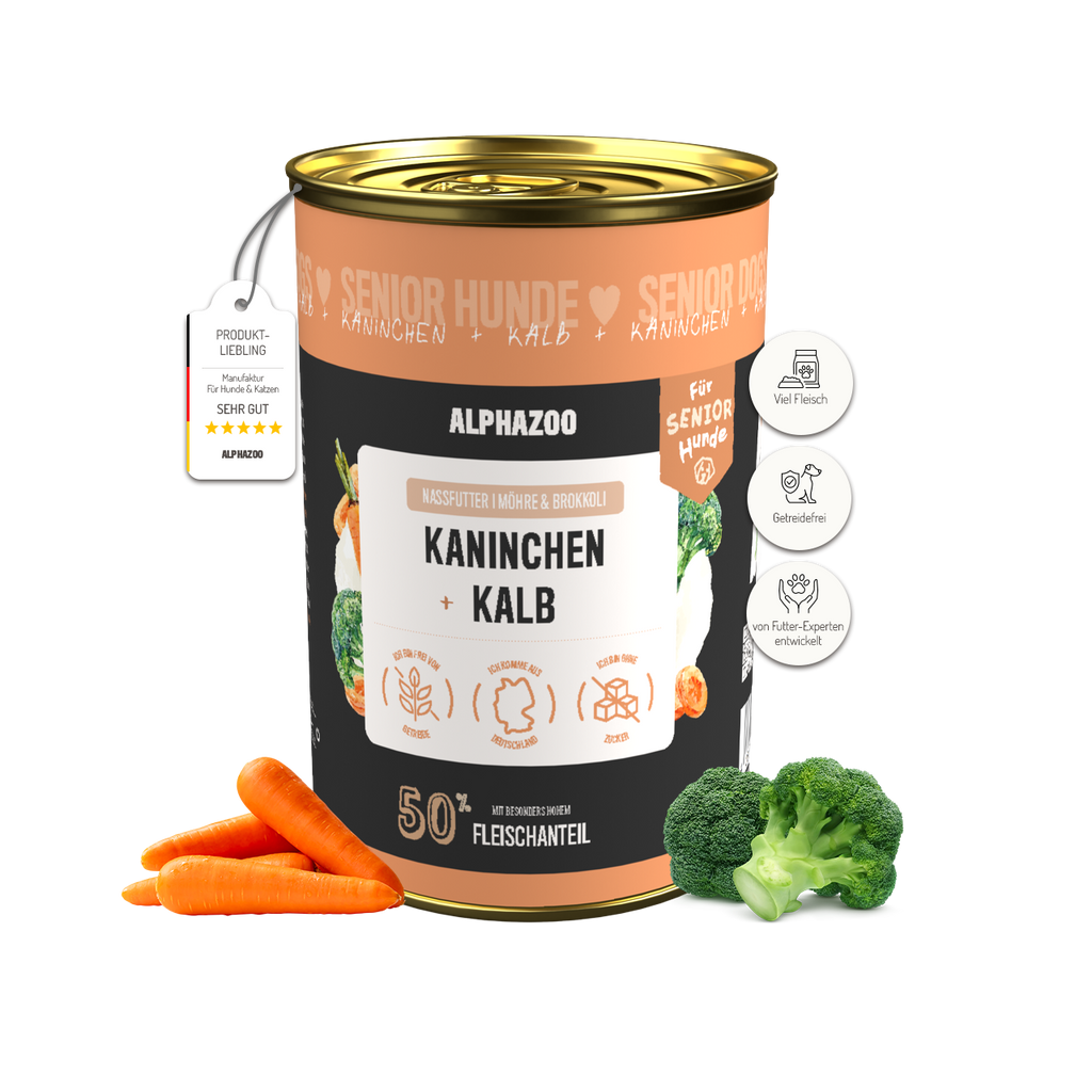 Kaninchen + Kalb Nassfutter für Senior Hunde – 50% Fleisch, leicht verdaulich, mit Hanföl
