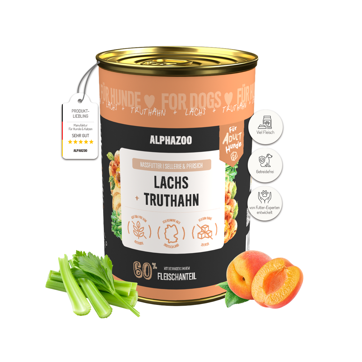 Lachs + Truthahn Nassfutter für Hunde – 60% Fleisch & Fisch, mit Omega-3, Pfirsich & Hanföl