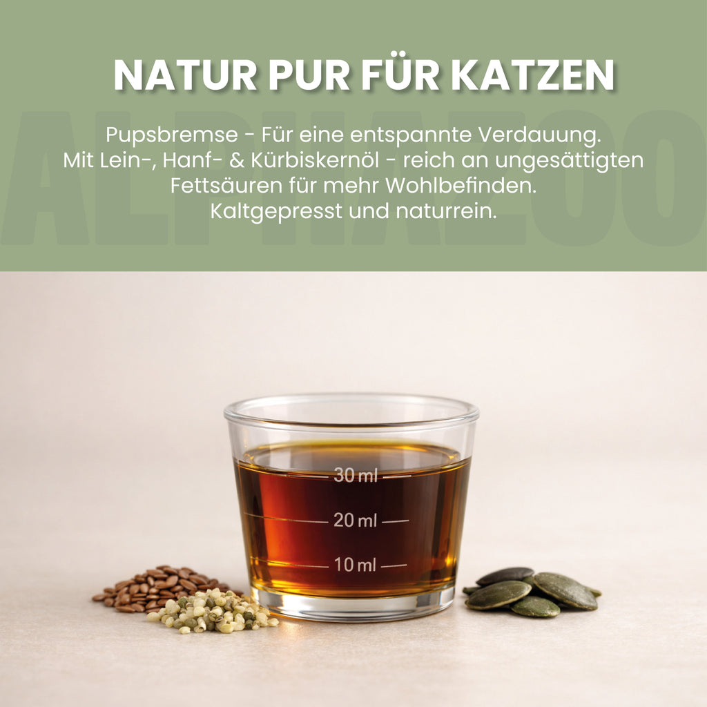 Pupsbremse Futteröl für Katzen – Lein, Hanf & Kürbiskern kaltgepresst