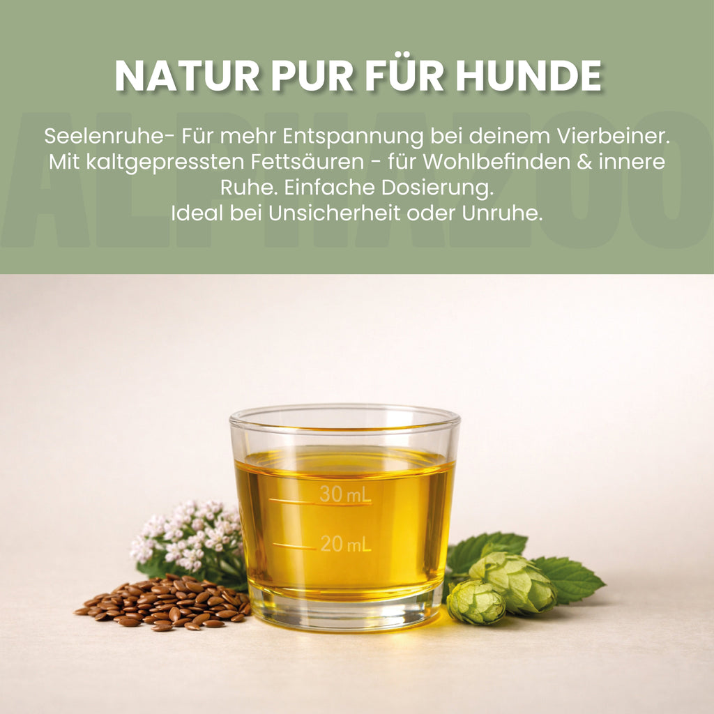 Seelenruhe Futteröl für Hunde – Leinöl mit Baldrian & Hopfen kaltgepresst