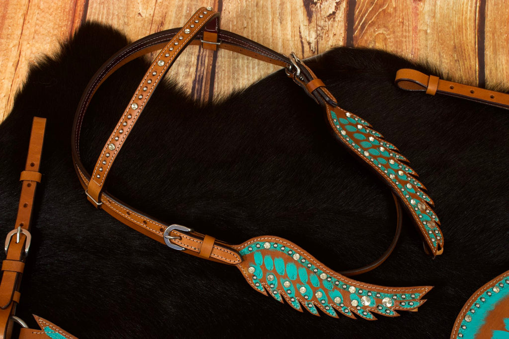 Wings Show Western-Kopfstück, Set aus Vorderzeug und Trense, türkis mit Strass, in Flügelform,