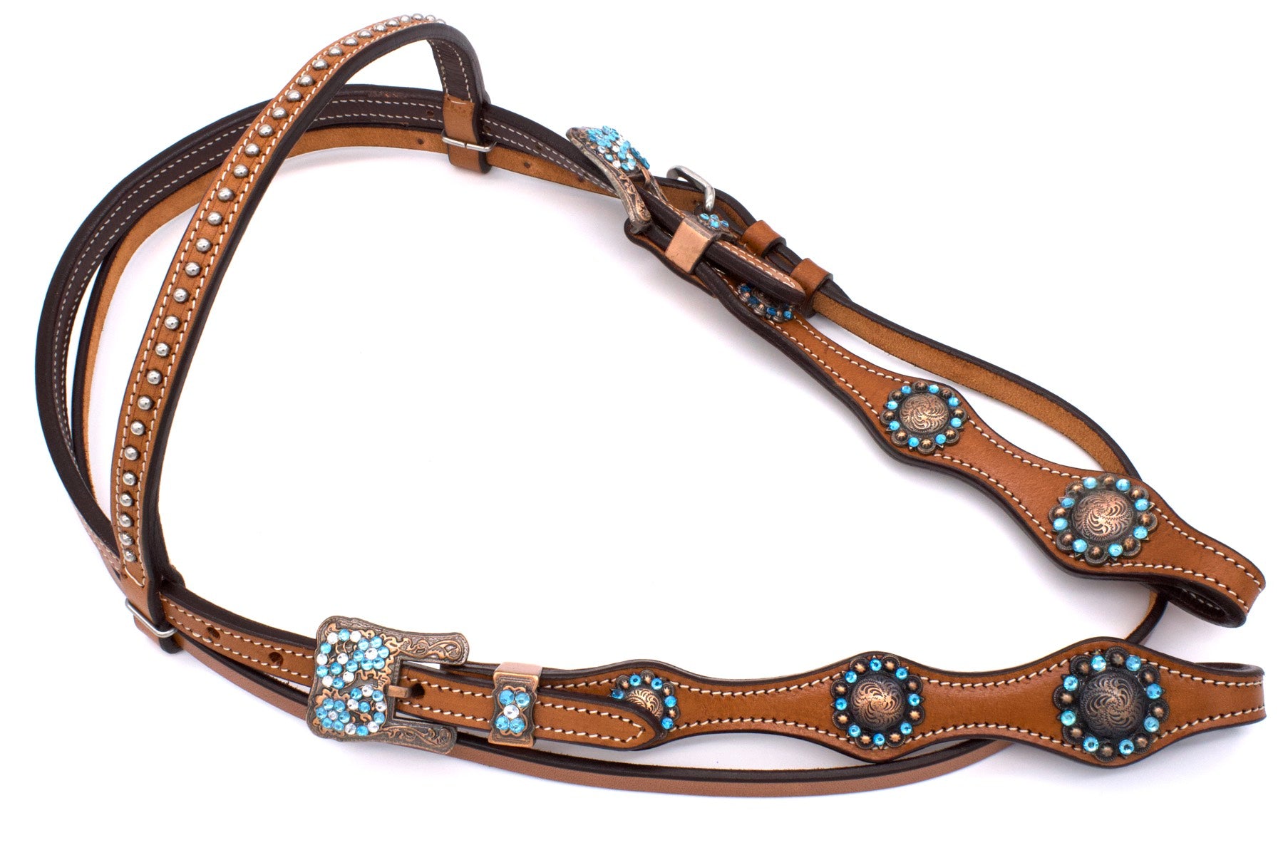 Kaltblut Western Kopfstück mit blauen Strassteinen und gravierten Conchos
